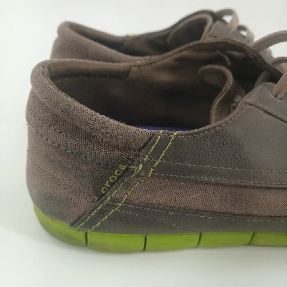 Crocs Mens Walu Boat Shoes Brown Canvas Loafers Lime Green Sole Size 12 M